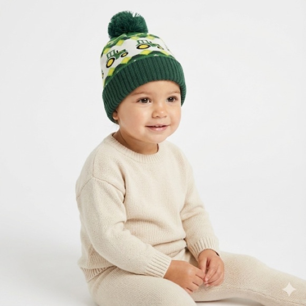 John Deere Kids Beanie Tractor Knit Winter Hat Pom Green